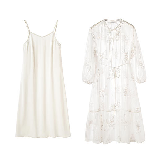 EKOOL4/28新品【月下白茶花】仿真丝V领连衣裙+吊带裙叠穿两件套 商品图4