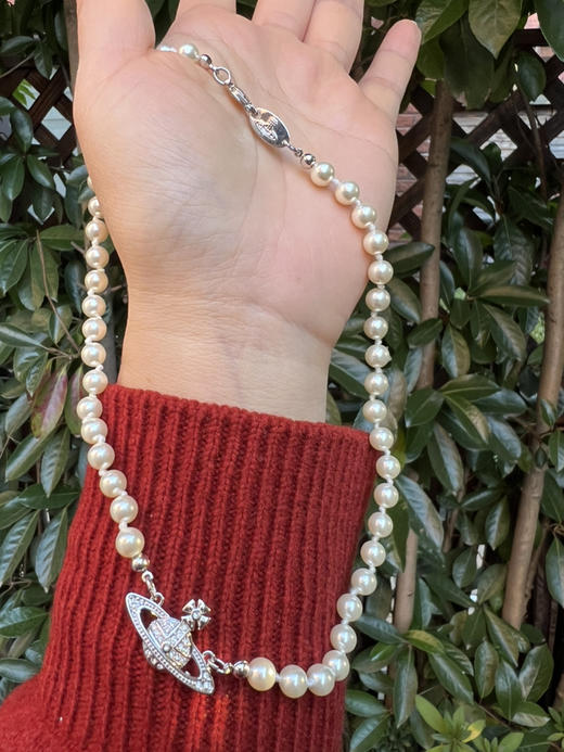 1029-3 现货发 圆正 无包装 西太后 土星吊坠 珍珠锁骨链 短项链 商品图14