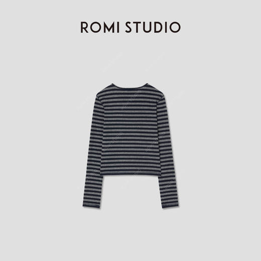 ROMI STUDIO“美式复古”高支棉条纹肌理感V领长袖T恤 RW24WSD1282 商品图1