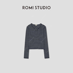 ROMI STUDIO“美式复古”高支棉条纹肌理感V领长袖T恤 RW24WSD1282