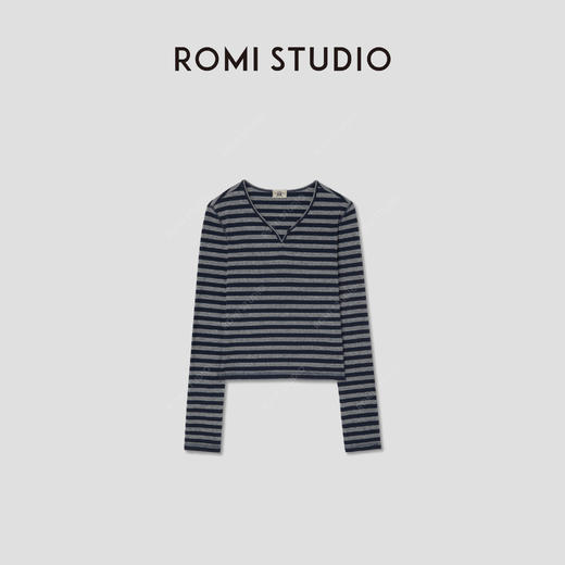 ROMI STUDIO“美式复古”高支棉条纹肌理感V领长袖T恤 RW24WSD1282 商品图0