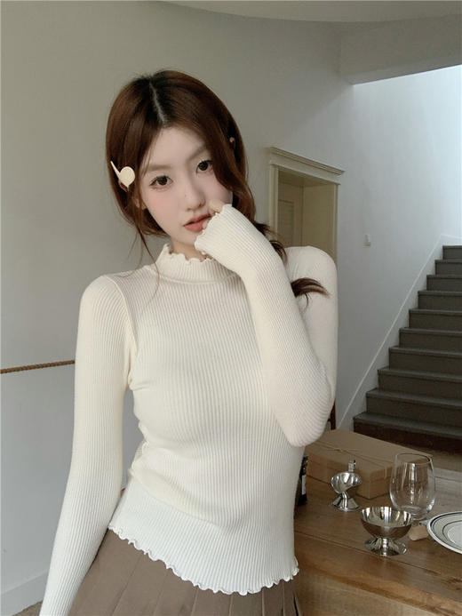 【GZ】无忧购韩版温柔百搭木耳边圆领/中领内搭修身显瘦针织小衫（截单后7天发货)25年清仓捡漏 商品图5
