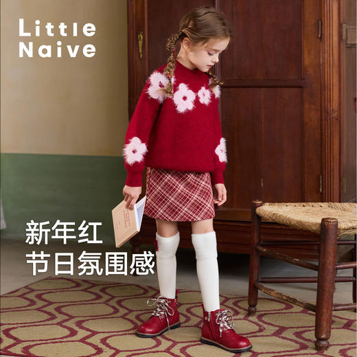LittleNaive儿童圣诞红色毛衣冬新款毛绒花朵线衣女童新年针织衫 商品图1