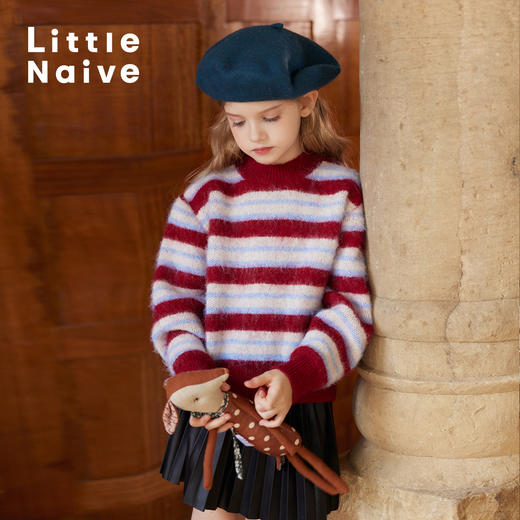 LittleNaive女童毛衣冬季新款宽松条纹慵懒上衣儿童撞色针织衫 商品图1