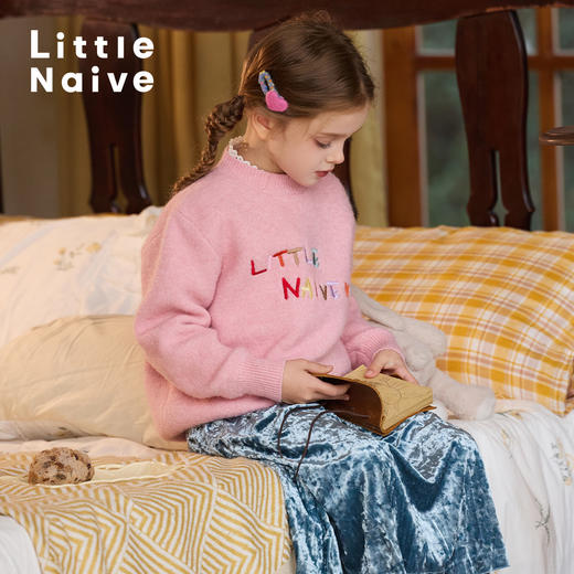LittleNaive女童多巴胺套头毛衣冬季新款儿童圆领刺绣针织衫上衣 商品图2