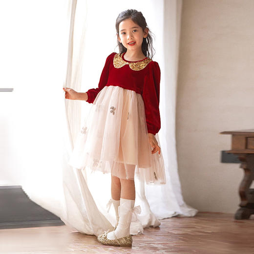 LittleNaive秋冬女童圣诞礼服红色新年网纱公主裙儿童加绒连衣裙 商品图0