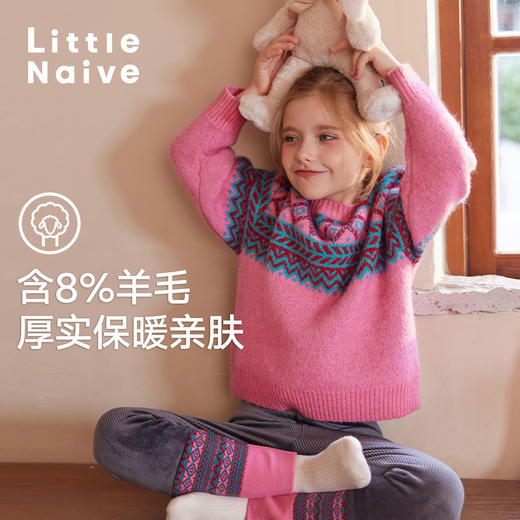LittleNaive女童节日毛衣秋冬季提花大童新年衣服宽松儿童针织衫 商品图3