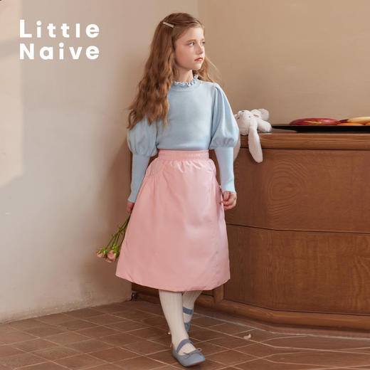 LittleNaive女童泡泡袖打底针织衫儿童甜美时髦中大童毛衣秋冬季 商品图3