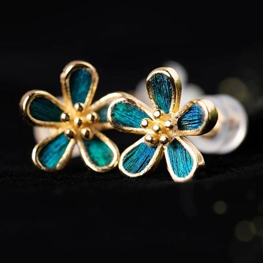 【林栖设计小店】东阳孔雀羽毛青绿耳环仿点翠绿银-LX1224009（预售） 商品图0