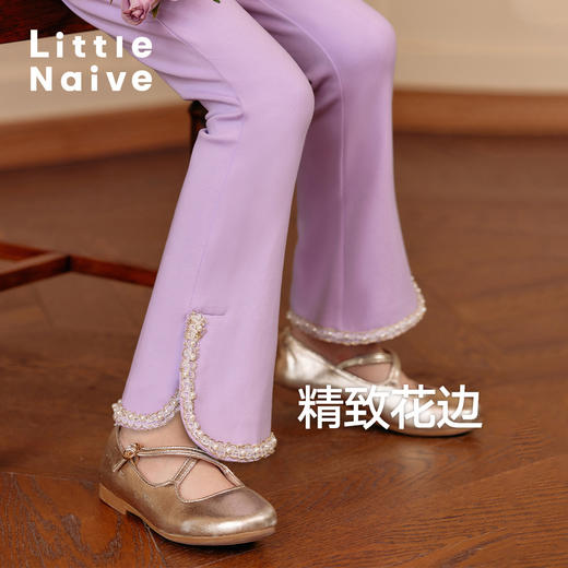 LittleNaive春秋儿童休闲裤开叉弹力修身黑色长裤洋气女童喇叭裤 商品图2