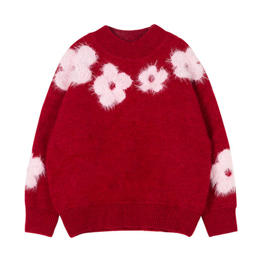 LittleNaive儿童圣诞红色毛衣冬新款毛绒花朵线衣女童新年针织衫 商品图4