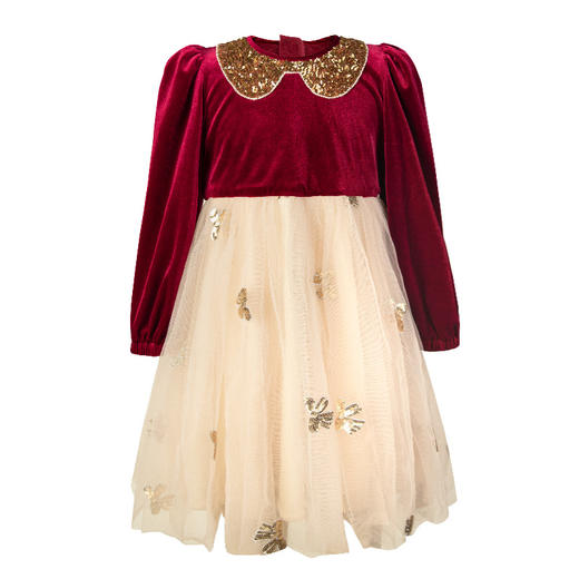 LittleNaive秋冬女童圣诞礼服红色新年网纱公主裙儿童加绒连衣裙 商品图4