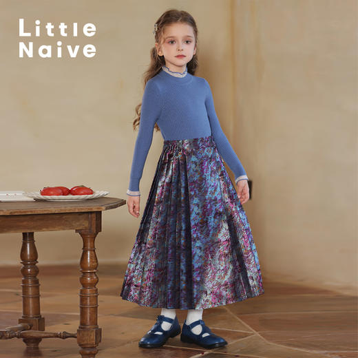 LittleNaive 女童新中式半身裙冬季新款提花长裙儿童长款马面裙 商品图0
