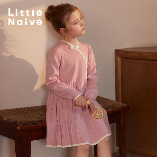 LittleNaive儿童连衣裙秋冬新款立领压褶旗袍女童新中式针织裙 商品图2