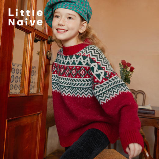 LittleNaive女童节日毛衣秋冬季提花大童新年衣服宽松儿童针织衫 商品图2