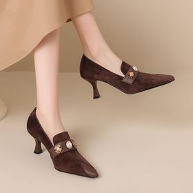 【预售5天】复古尖头细跟高跟鞋，内外全皮磨砂皮水钻深口单鞋PLGZ&D163-1