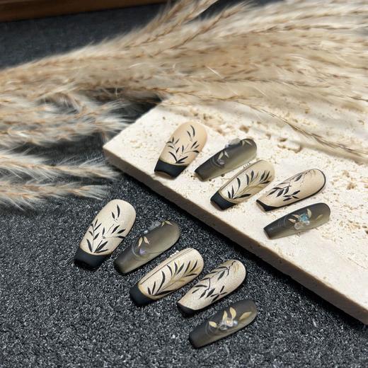 美妆饰品-墨染竹林纯手工穿戴甲中长款爆闪国风美甲贴复古手绘轻奢可拆卸 商品图2