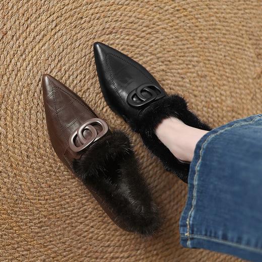 【预售5天】气质尖头粗跟深口单鞋，领口毛毛鞋时尚压花牛皮貂毛一脚蹬小皮鞋HCYYHD&5721 商品图2