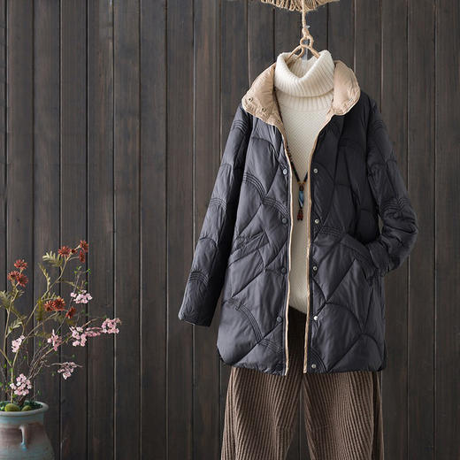 跨境秋冬轻薄款羽绒服女中长款白鸭绒时尚洋气复古祥云立领外套潮 商品图2
