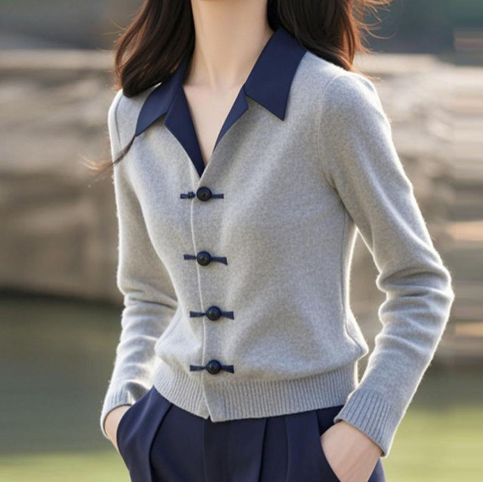 新中式中国风灰色Polo领，针织衫上衣翻领小衫A2742