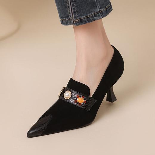 【预售5天】复古尖头细跟高跟鞋，内外全皮磨砂皮水钻深口单鞋PLGZ&D163-1 商品图3