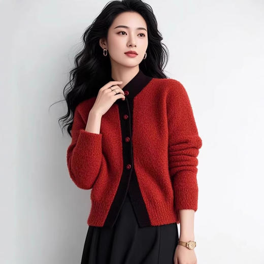 超好看红棕色单排扣，时尚气质上衣洋气独特别致针织开衫LJX-034 商品图1