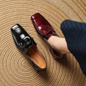 【预售5天】法式气质复古乐福小皮鞋英伦风粗跟低跟一脚蹬舒适深口方扣单鞋女LD&7227