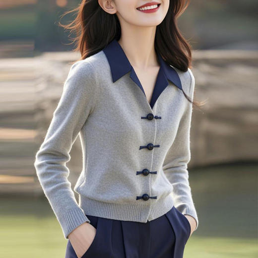 新中式中国风灰色Polo领，针织衫上衣翻领小衫A2742 商品图1