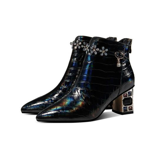 【预售5天】新款头层幻彩牛皮短靴时尚吊坠水钻尖头粗高跟时装靴XME&W9533 商品图4