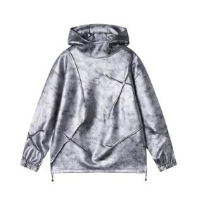 WY390秋冬季新款美式个性褶皱皮面立领连帽卫衣宽松时尚户外长袖