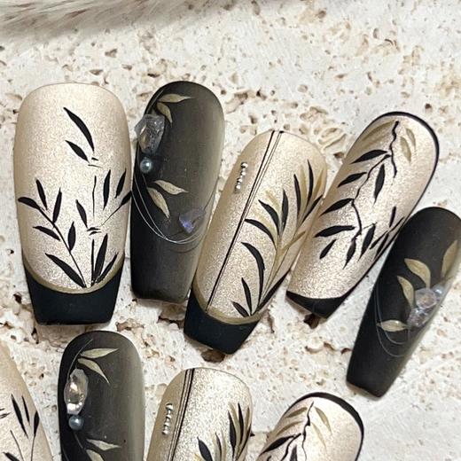 美妆饰品-墨染竹林纯手工穿戴甲中长款爆闪国风美甲贴复古手绘轻奢可拆卸 商品图4