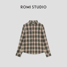 ROMI STUDIO“美式复古”莱赛尔棉混纺磨毛翻领格纹衬衫 431C5105