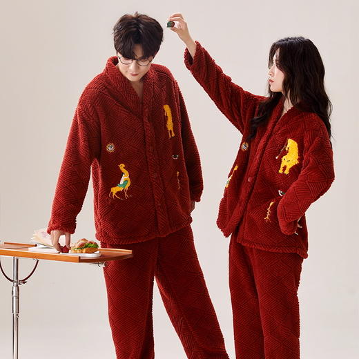 喜庆新年情侣男女珊瑚绒家居服 可外穿居家加厚保暖睡衣套装 商品图7