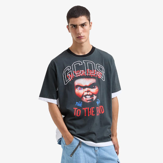 GCDS 男士恰奇徽标印花棉质圆领短袖T恤 黑色 A2CM2316CK499 商品图1