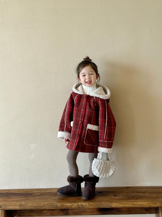 【YW】无忧购儿童韩版新年红加绒加厚连帽红格子大衣XZ536（截单后7天发货)25年清仓捡漏 商品图1