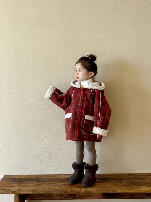 【YW】无忧购儿童韩版新年红加绒加厚连帽红格子大衣XZ536（截单后7天发货)25年清仓捡漏 商品图6