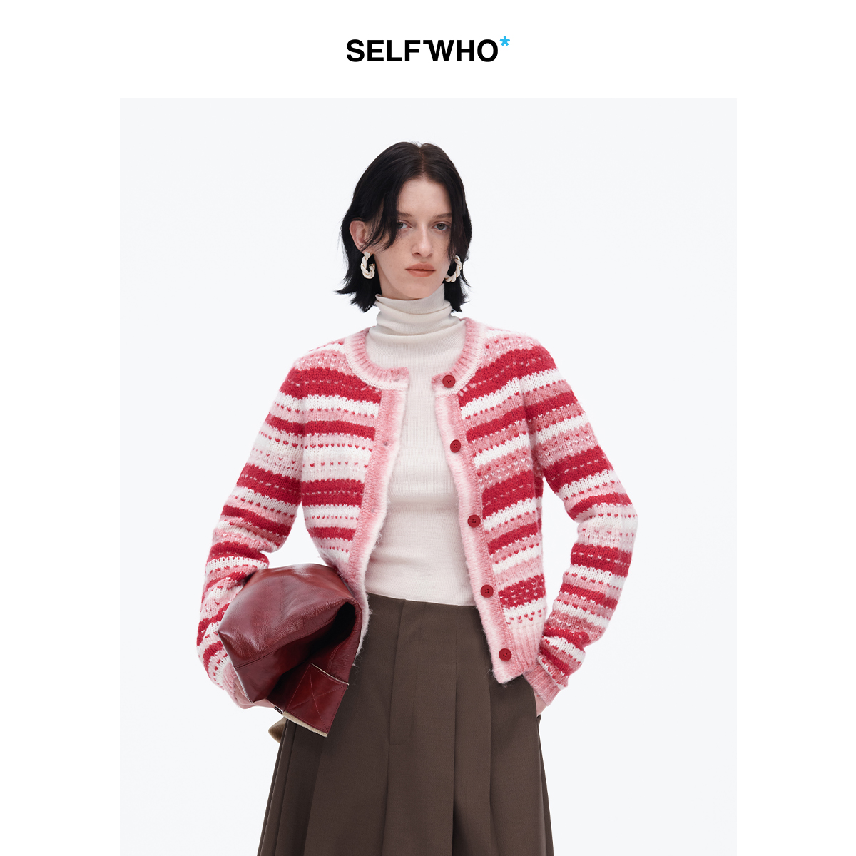 SELFWHO绵羊毛混纺新年红色条纹针织开衫女2025春季新款慵懒上衣