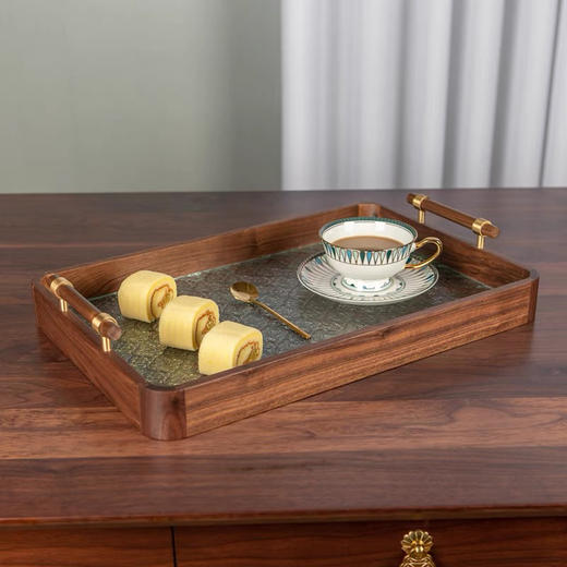 RW黑胡桃木质托盘家用简约客厅玻璃水果盘中式早餐点心轻奢风木托盘 商品图3