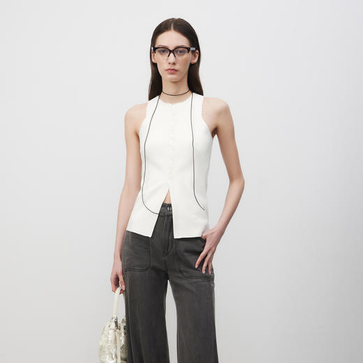 lost in echo2025春夏新款多纽扣手工钩花长款打底圆领针织背心 商品图0