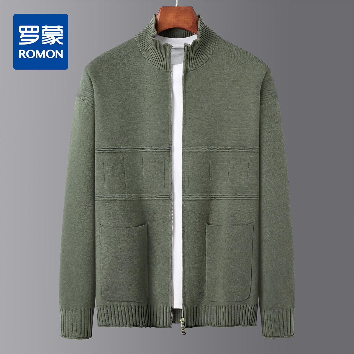 【卷边螺纹】罗蒙立领拉链针织外套男舒适针织开衫外套男士毛衣