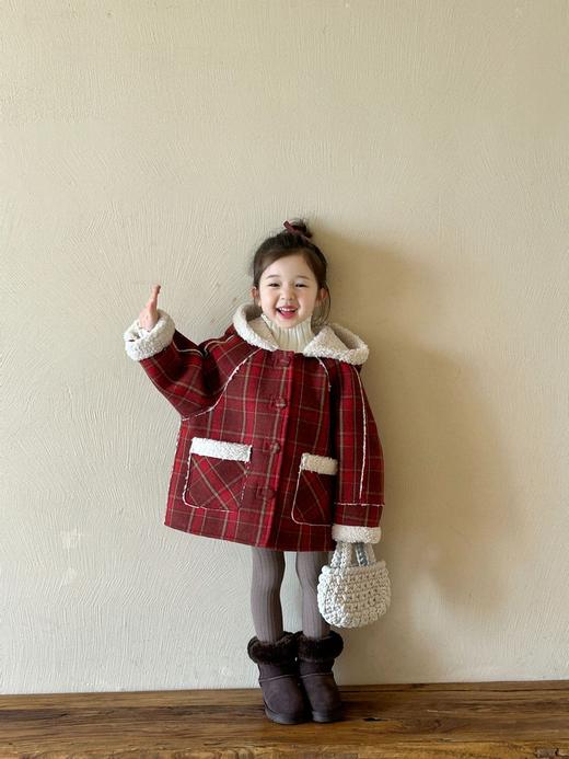 【YW】无忧购儿童韩版新年红加绒加厚连帽红格子大衣XZ536（截单后7天发货)25年清仓捡漏 商品图4