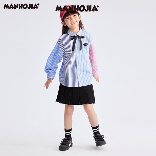 【熊盆友】漫画家25春新年限定红蓝条纹撞条纹学院拼接衬衫 商品图2