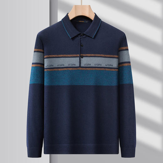 【含羊毛】罗蒙秋冬男士经典横条针织衫男商务polo衫男长袖中老年爸爸装 商品图2