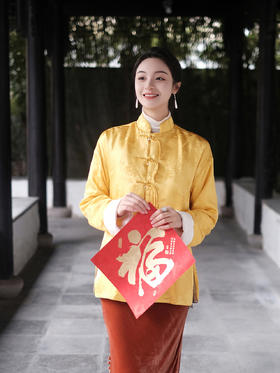 盛唐牡丹 |东方雅韵真丝提花宽松外套-皇家明黄 (不夹棉)