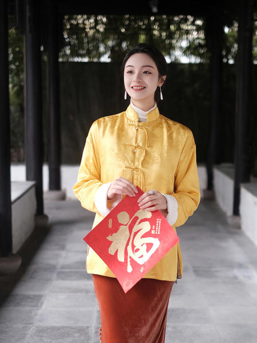 盛唐牡丹|东方雅韵真丝提花宽松外套-皇家明黄 (夹棉) 商品图5