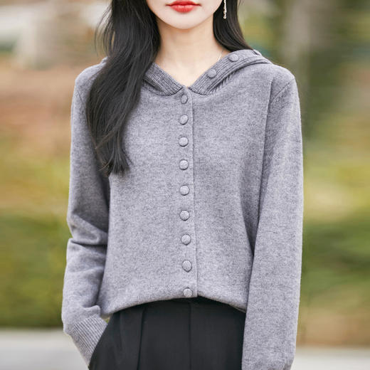 QHJY-JY8208亲肤绒单排扣毛衣外套女七针加厚休闲连帽针织开衫2025年新款上衣 商品图0