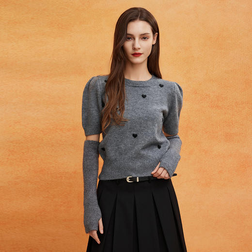 QE639斯尔丽2025春季新款节庆提花小爱心显瘦短袖配袖套时尚针织上衣 商品图12