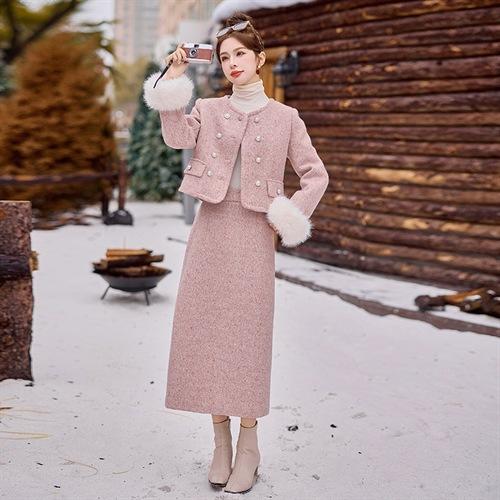 时尚套装裙气质两件套2024年秋冬新款加棉外套修身半身裙ARE039 商品图1