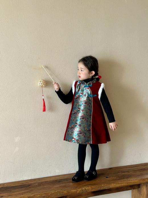 【YW】无忧购国风新中式童装镶毛拼色旗袍裙年服QZ386（截单后7天发货) 商品图1