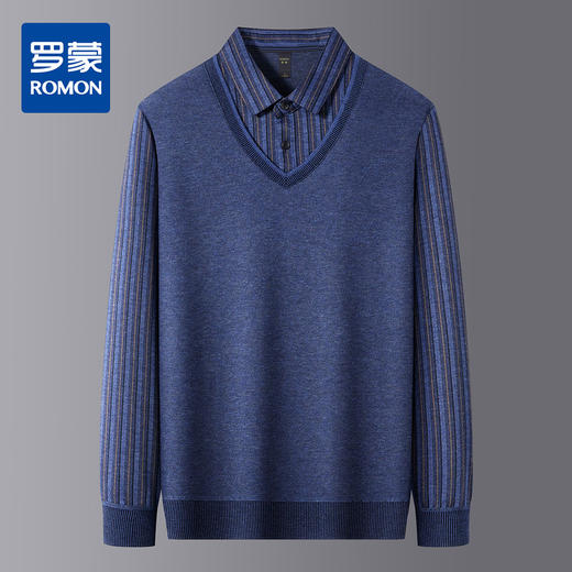 【提花竖条】罗蒙男士秋冬假两件针织衫男条纹衬衫男长袖衬衫男中老年爸爸装 商品图0